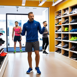 **

A diverse group of men trying on different running shoes in a brightly lit sports store, with a sales assistant offering advice and a foot scanner visible. Focus on the variety of shoe styles and the assessment process.

**