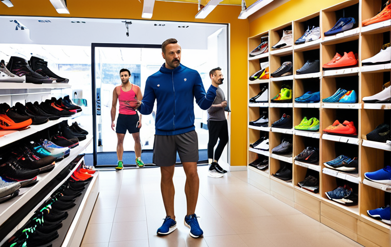 **
A diverse group of men trying on different running shoes in a brightly lit sports store, with a sales assistant offering advice and a foot scanner visible. Focus on the variety of shoe styles and the assessment process.
**