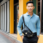 A confident, stylish Malaysian man (25-35 years old) wearing a modern, smart casual outfit (e.g., polo shirt, chinos). He is in a trendy urban setting like Bangsar, with cafes or boutique shops in the background. A sleek black leather waist bag is worn crossbody across his chest, serving as a prominent fashion accessory. The image should highlight the waist bag as a chic, contemporary statement, elevating his overall look. Bright, inviting daylight.