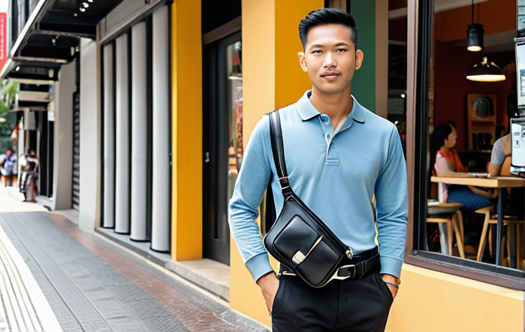 A confident, stylish Malaysian man (25-35 years old) wearing a modern, smart casual outfit (e.g., polo shirt, chinos). He is in a trendy urban setting like Bangsar, with cafes or boutique shops in the background. A sleek black leather waist bag is worn crossbody across his chest, serving as a prominent fashion accessory. The image should highlight the waist bag as a chic, contemporary statement, elevating his overall look. Bright, inviting daylight.
