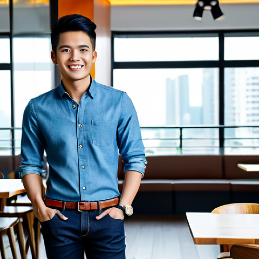 남성용 데님 브랜드 리뷰 - **Prompt 1: Smart Casual Slim Fit Denim Look in Kuala Lumpur**
A young Malaysian man in his late...