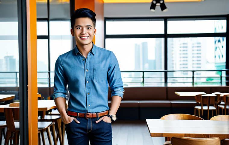 남성용 데님 브랜드 리뷰 - **Prompt 1: Smart Casual Slim Fit Denim Look in Kuala Lumpur**
A young Malaysian man in his late...