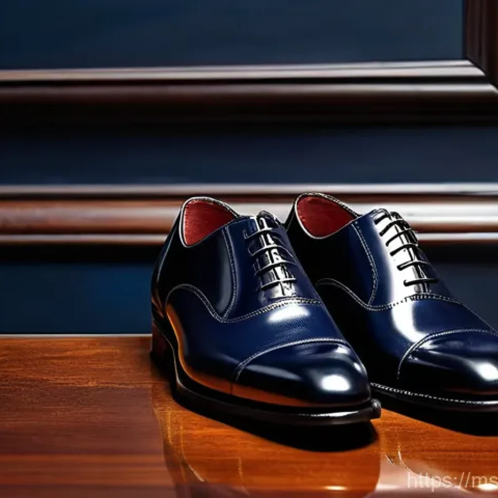 남성 정장 구두 선택법 - **A highly polished, pristine pair of black cap-toe Oxford shoes, made of full-grain leather, standi...