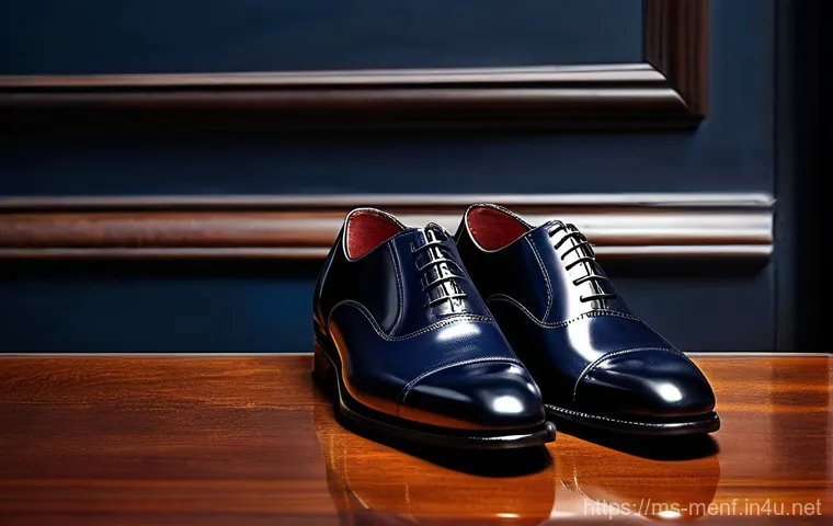 남성 정장 구두 선택법 - **A highly polished, pristine pair of black cap-toe Oxford shoes, made of full-grain leather, standi...