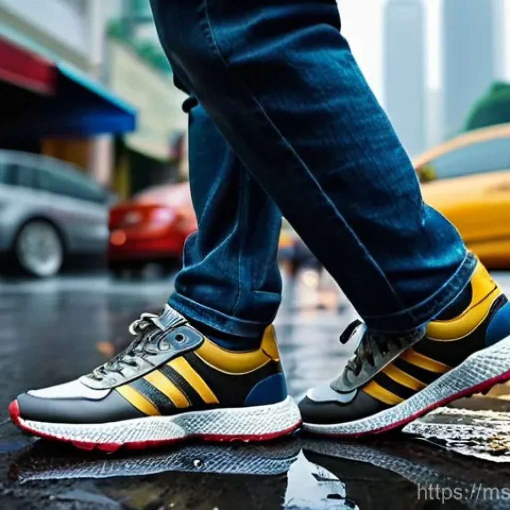 겨울 남성용 방수화 - **Urban Comfort in Monsoon Rain:**
"A person, in their late 20s, with a relaxed and confident ex...