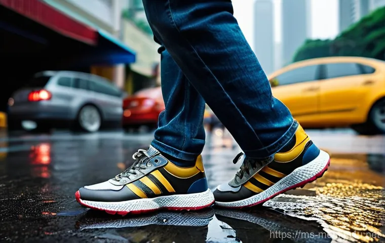 겨울 남성용 방수화 - **Urban Comfort in Monsoon Rain:**
    "A person, in their late 20s, with a relaxed and confident ex...