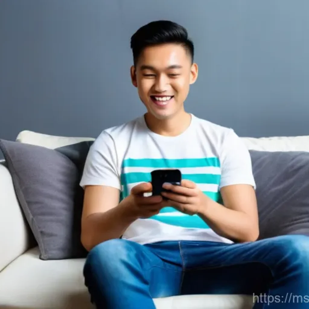 남성 의류 할인 정보 - **Prompt:** "A young Malaysian man, in his late 20s, is comfortably seated on a plush sofa in a mode...