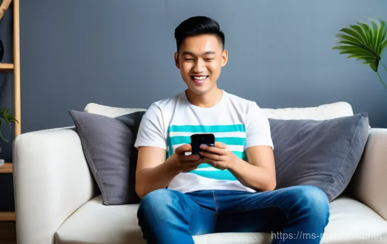 남성 의류 할인 정보 - **Prompt:** "A young Malaysian man, in his late 20s, is comfortably seated on a plush sofa in a mode...